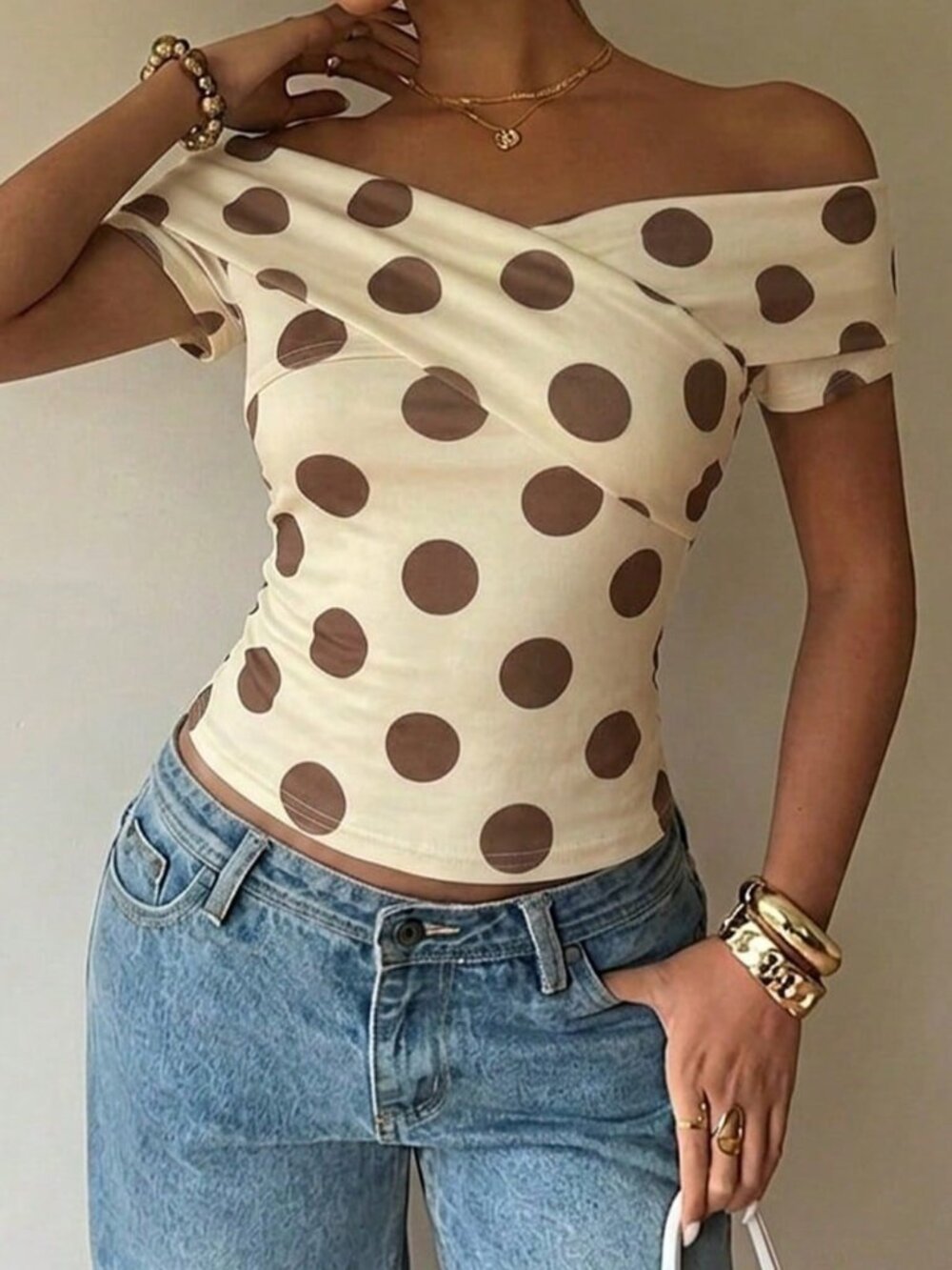 Multicolor Casual Women's Off-Shoulder Bodycon Polka Dot Print T-Shirt - Picture 6 of 6